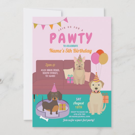 Pawty Verjaardag Honden Party Puppy Fun Pink Kaart (Voorkant)