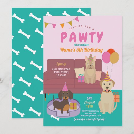Pawty Verjaardag Honden Party Puppy Fun Pink Kaart (Voorkant / Achterkant)