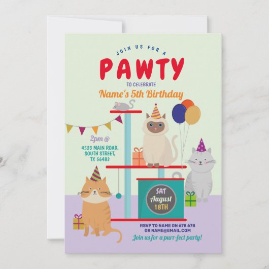 Pawty Verjaardag Kat Kitten Paw Fun Paarse Kaart (Voorkant)