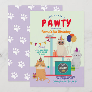 Pawty Verjaardag Kat Kitten Paw Fun Paarse Kaart