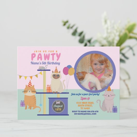 Pawty Verjaardag Kat Kitten Paw Meisjes Leuke Foto Kaart (Staand voorkant)