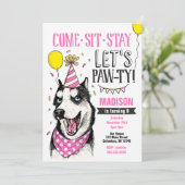 Pawty Verjaardag Uitnodiging Hond Puppy Husky Meis (Staand voorkant)
