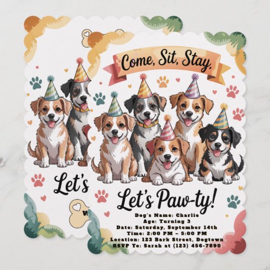 Pawty verjaardagsuitnodigingen kaart (Voorkant / Achterkant)
