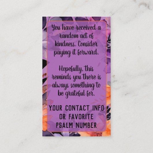 Pay it Forward Random Act Kindness Purple Orange Visitekaartje (Achterkant)