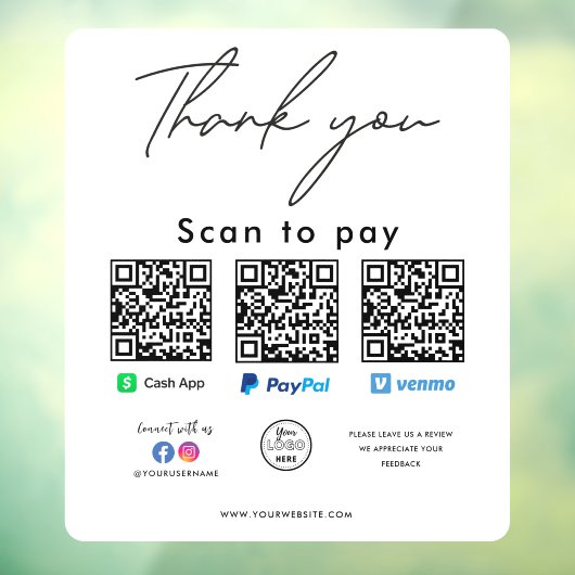 Paypal Cash App Venmo QR Code Logo Dank u Raamsticker (Vel 3)