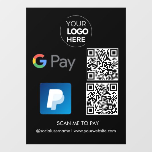 Paypal G Pay QR Code Betaling | Scannen naar zwart Raamsticker (Vel)