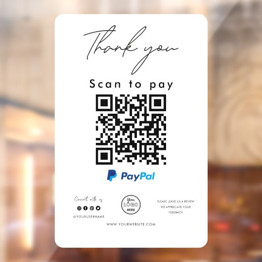 PayPal QR-code Logo Scannen naar betaling Bedankt Raamsticker (Vel 2)