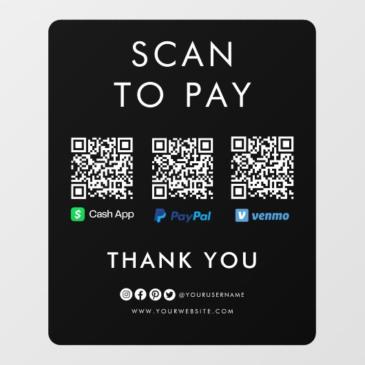PayPal Venmo Cash App Scan naar Pay QR Code Black Raamsticker (Vel)