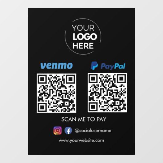 Paypal Venmo QR Code Betaling | Scannen naar zwart Raamsticker (Vel)