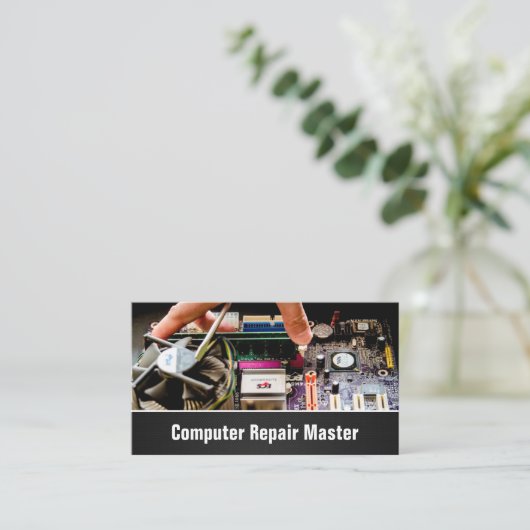 PC Motherboard van computerreparateur - foto Visitekaartje (Staand voorkant)