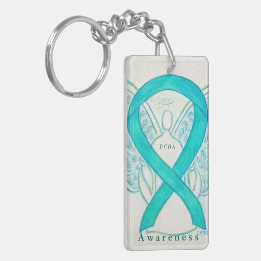 PCOS Angel Blauwgroen Awareness Ribbon Sleutelhang Sleutelhanger (Voorkant Links)