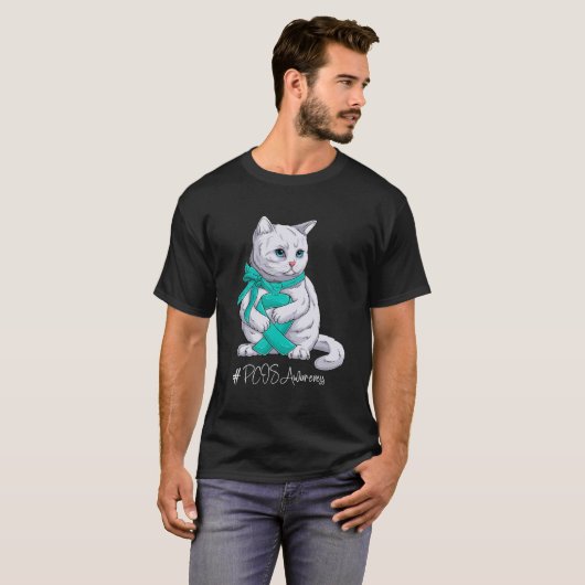 PCOS Awareness Maand Blauwgroen Lint Cat T-shirt (Voorkant volledig)