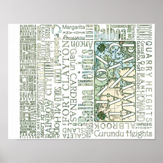 PCZ - Panama Canal Zone Locaties met Kaart Poster (Voorkant)