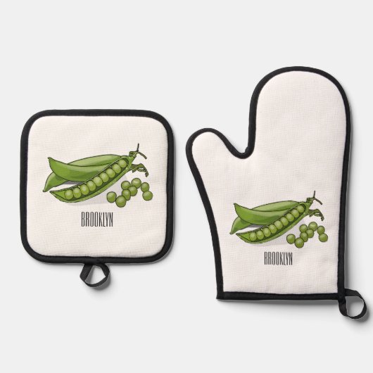 Pea cartoon illustratie ovenwant & pannenlap set (Voorkant)