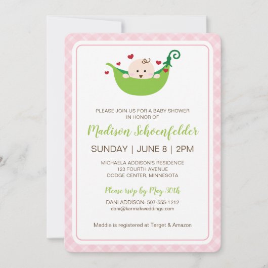 Pea in the Pod Baby shower Invitation (Meisje) Kaart (Voorkant)