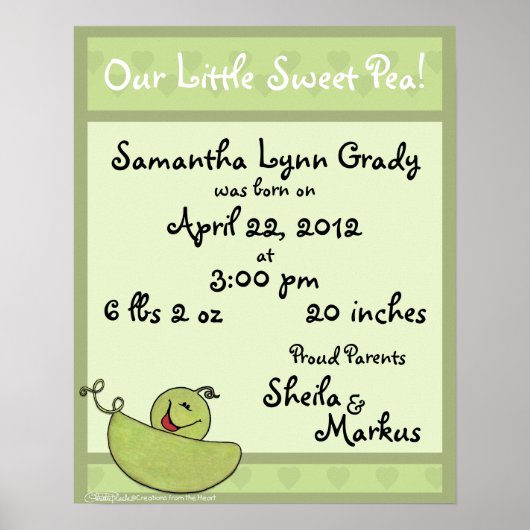 Pea Pod Baby Geboorte Informatie Poster (Voorkant)