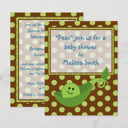 Pea Pod on Polka Dots Baby Boy Shower Invitation Kaart (Voorkant / Achterkant)