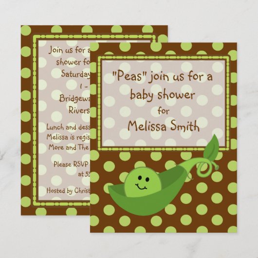 Pea Pod on Polka Dots Neutral Baby shower Invite Kaart (Voorkant / Achterkant)