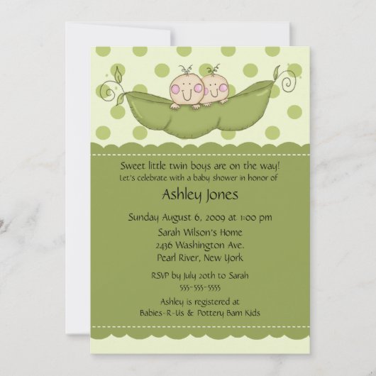 Pea Pod Twin Boy or Girl Baby Shower Invitations Kaart (Voorkant)