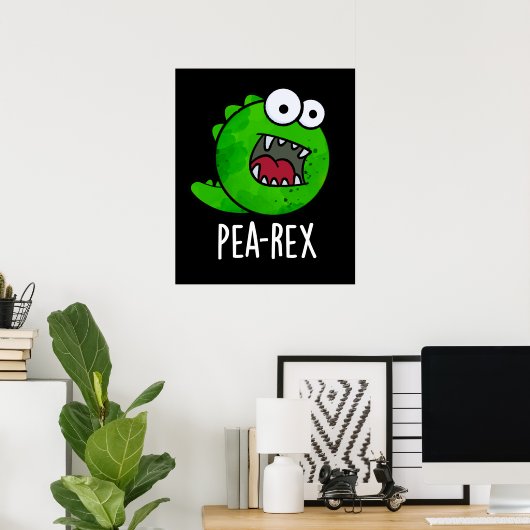 Pea Rex Funny Dinosaur Veggie TRex Pun Dark BG Poster (Thuiskantoor)