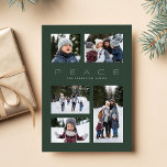 Peace 5 foto collage donkergroen minimale kerst feestdagenkaart<br><div class="desc">Deze vakantiefotokaart bevat een boodschap van rust samen met een moderne minimale lay-out. Het luchtige ontwerp heeft 5 fotoplekken en ruimte voor aangepast ontwerp. Perfect voor een familie kerstkaart, dit ontwerp heeft een donkergroene achtergrond en een bijpassende backer met een eenvoudige vakantie plaid patroon in het wit. Of u nu...</div>