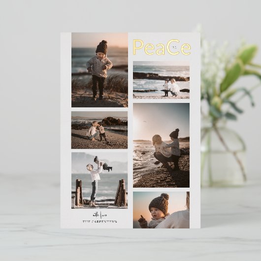 PeaCe 6 Foto Collage Kerstmis Goud Folie Feestdagenkaart (Staand Voorkant)