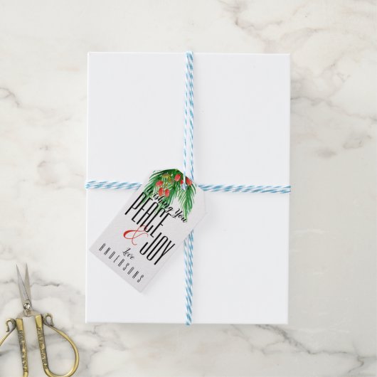 Peace and Joy Black White Red Berries Kerstmis Cadeaulabel (Met Touw)