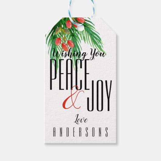Peace and Joy Black White Red Berries Kerstmis Cadeaulabel (Voorkant)