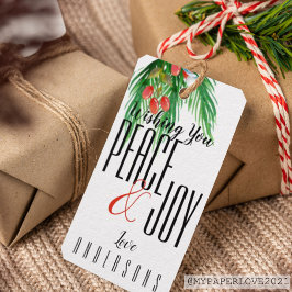 Peace and Joy Black White Red Berries Kerstmis Cadeaulabel