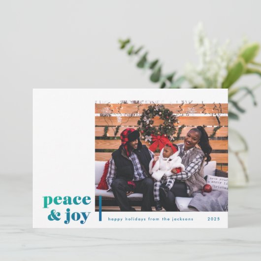 Peace and Joy Corner Blue Photo Holiday Card Feestdagenkaart (Staand voorkant)