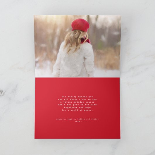 Peace and Joy Modern Calligraphy Red Script Photo Feestdagen Kaart (Binnen)