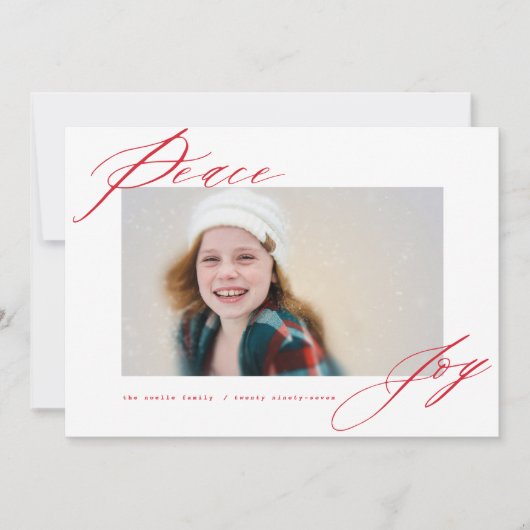 Peace and Joy Modern Calligraphy Red Script Photo Feestdagenkaart (Voorkant)