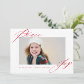 Peace and Joy Modern Calligraphy Red Script Photo Feestdagenkaart (Staand voorkant)