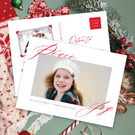 Peace and Joy Modern Calligraphy Red Script Photo Feestdagenkaart