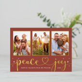 Peace and Joy Modern Gold Heart Script 3 Foto Folie Feestdagenkaart (Staand Voorkant)