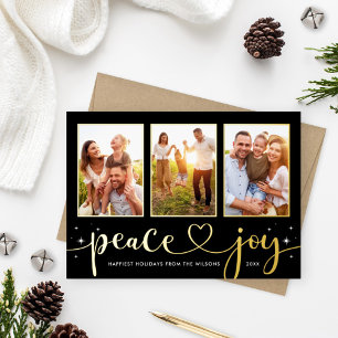 Peace and Joy Modern Gold Heart Script 3 Foto Folie Feestdagenkaart