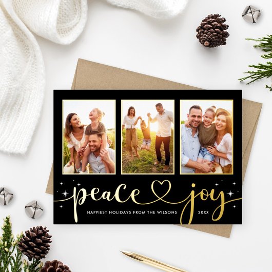 Peace and Joy Modern Gold Heart Script 3 Foto Folie Feestdagenkaart