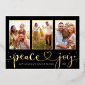 Peace and Joy Modern Gold Heart Script 3 Foto Folie Feestdagenkaart (Voorkant)