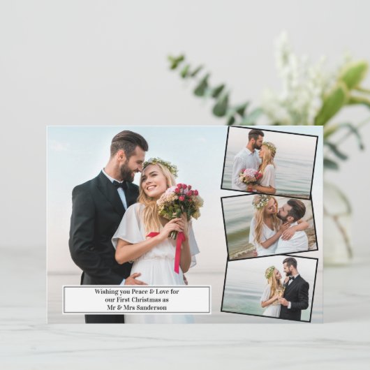 Peace and Love First Kerstmis als Mr en Mrs Photo Feestdagenkaart (Staand voorkant)