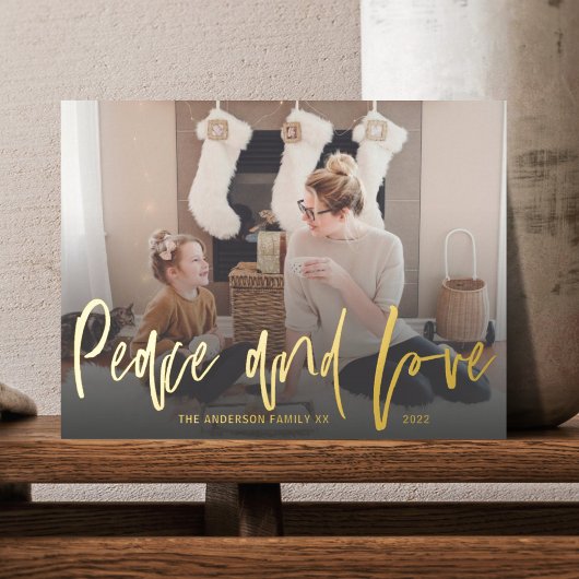 Peace and Love Gold Foil Script 1 Fotokerstmis Folie Feestdagen Briefkaart