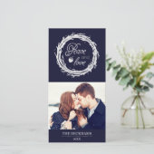 Peace and Love Holiday Photo Card / Navy Silver Feestdagenkaart (Staand voorkant)