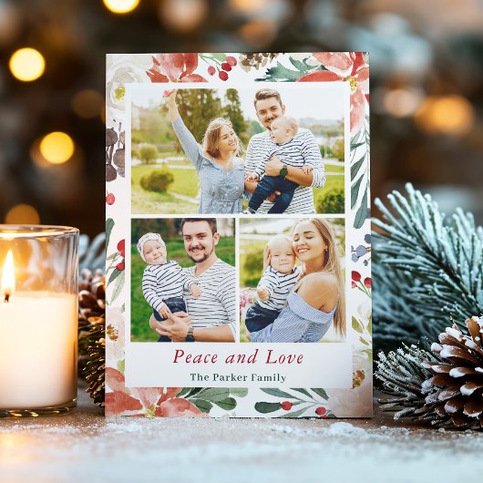 Peace and Love Holly Berries Floral Xmas 3 Foto Feestdagenkaart