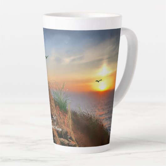 Peace be still text inspirerend zeegezicht zonsond latte mok (Rechterhoek)