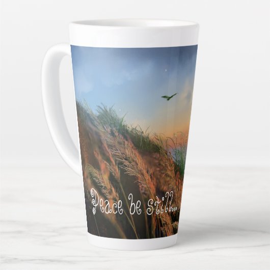 Peace be still text inspirerend zeegezicht zonsond latte mok (Linkerhoek)