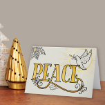 Peace Black Gold Typografie Radiant Dove Business Feestdagen Kaart<br><div class="desc">Typografisch ontwerp met schetsen in zwart en goud. PEACE is geletterd met wervelingen, de thuisbasis van een duif met olijftak, die gouden licht uitstraalt. Het ontwerp is compleet met overzichtstekeningen van poinsettia en holly leaf. De boodschap binnen is volledig bewerkbaar en luidt momenteel "Wishing you peace and good cheer for...</div>