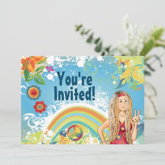 Peace Blond Hippie Girl Bloem Verjaardag Uitnodigi Kaart (Staand voorkant)