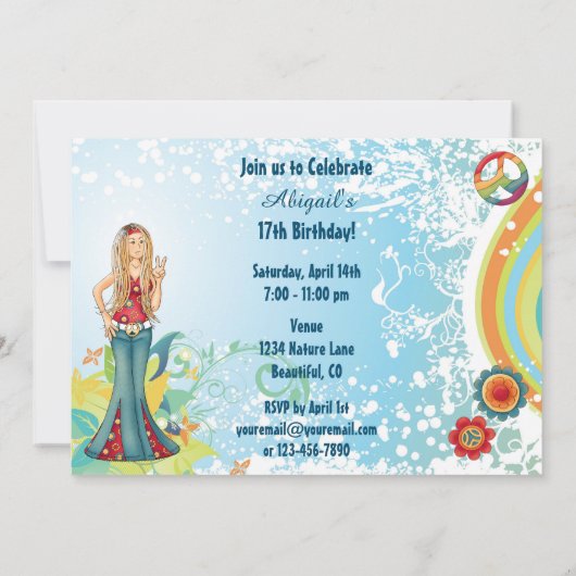 Peace Blond Hippie Girl Bloem Verjaardag Uitnodigi Kaart (Achterkant)