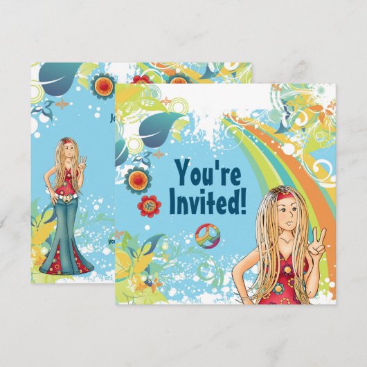 Peace Blond Hippie Girl Verjaardagsfeestje Uitnodi Kaart (Voorkant / Achterkant)