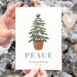 Peace Christmas Evergreen Tree Simple Feestdagenkaart<br><div class="desc">Dit eenvoudige vakantie-briefkaart is voorzien van een waterverf illustratie van een evergroene boom in een mand planter. Het woord "PEACE" staat in grote, groene serif letters die met de kunst coördineren. Voeg de naam van je familie en het jaar toe in de kolengrijze cursief, en je retouradres op de achterkant...</div>