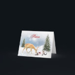 Peace Christmas Kaart met herten en Siamese kat<br><div class="desc">Peace Christmas Kaart met herten en Siamese kat in de besneeuwde bossen. Personaliseer met uw eigen naam en boodschap.</div>